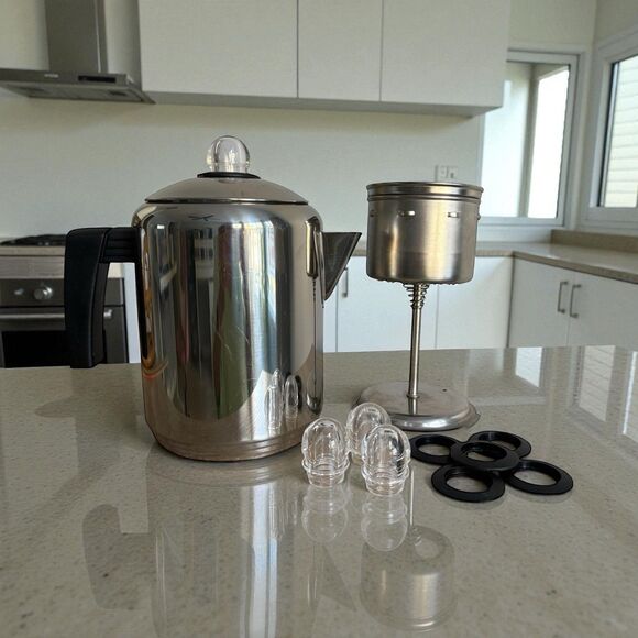 Martha Stewart Everyday Stainless Stovetop Percolator Plus Washer Rings & Tops - Picture 1 of 9